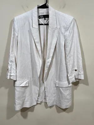 Zara pinstriped linen-blend blazer folded three-quarter sleeves front flap S thumbnail 10