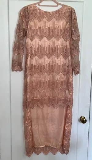 Peach Pink Beaded Sequin‎ High Low Formal Dress Long Sleeve Pearl Detail Gown thumbnail 1