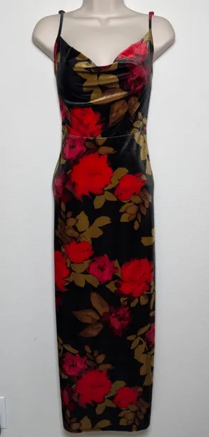 Taylor Women Whimsigoth Dress 4 Black Red Velvet Floral Cowl Midi Bodycon Slit thumbnail 1