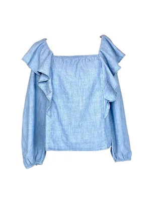 J. Crew Chambray Ruffle Square Neck Long Sleeve Top Blouse Blue Size Med BK626 thumbnail 3