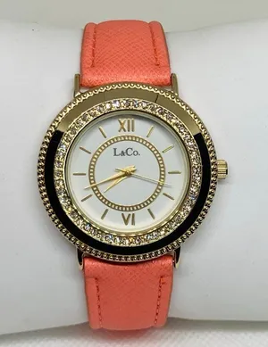 L&Co gold tone women’s watch 36mm quartz analog pink leather band running thumbnail 1
