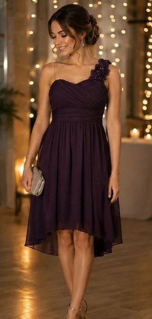 DB Studio Rich Plum One-Shoulder Hi-Low Dress | Floral Strap | M thumbnail 1