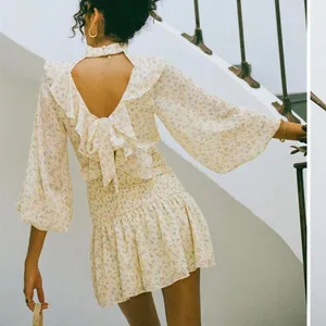 Sabo Skirt Floral Mini Dress Womens Yellow Small Smocked Ruffle Open Back thumbnail 2