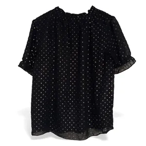 J. Crew Black Gold Dot Sheer Puff‎ Sleeve Smocked Neck Blouse Top Size M thumbnail 4