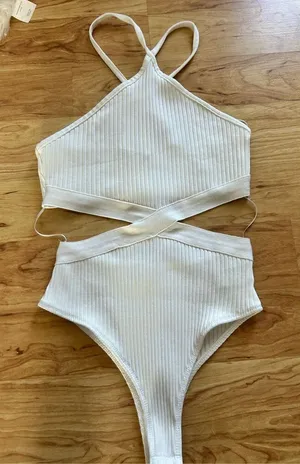 Zara NWT White Ribbed Bodysuit Cutout One Piece Thong Halter Top sz M y2k thumbnail 1