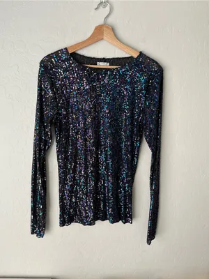 Free People Gold Rush Sequin Festival Top Long Sleeve Black Purple Size Medium thumbnail 2