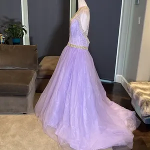 Women’s Purple Full Length V-Neck Silver Beaded Prom Party Dress Size 14 NWT thumbnail 10