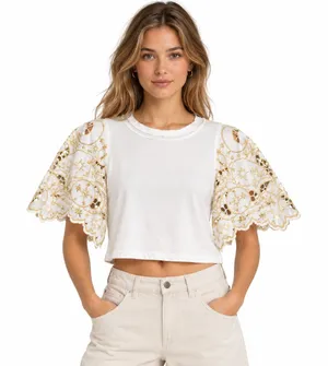 Free People XS White Gold Embroidered Cutwork Statement Sleeve Top thumbnail 1