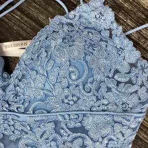 Sherri Hill Blue Lace Crop Bralette Sleeveless Top 0 thumbnail 4