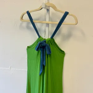 Mick & Mo Lime Green Halter Maxi‎ Dress Blue Trim Rayon Size L Boho Summer thumbnail 3