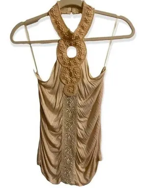 New York Cream Beaded Gathered Halter Blouse Size Medium thumbnail 1