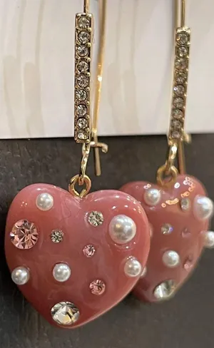 Betsey Johnson Pink Marble Hearts Rhinestones & Mini-Pearls French Hook thumbnail 3