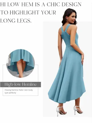NEW Blue Cocktail Formal Wedding Guest Halter Hi Low Dress XL thumbnail 2