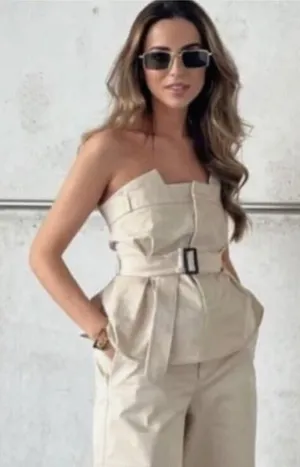 Zara Women's Sz Small Gabardine Top with Belt Light Beige Khaki Strapless Cotton thumbnail 1