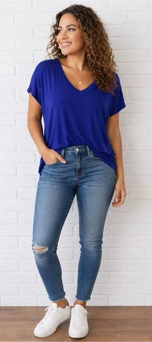 Express Cobalt Blue Oversized V-Neck Tee Soft Relaxed Fit Top size small thumbnail 1