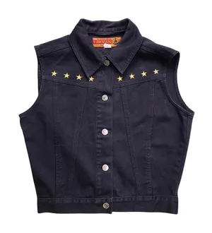 Vintage Lawman Denim Vest Womens Medium Black Gold Star Studded Western Cowgirl thumbnail 1