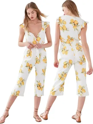For Love & Lemons Limonada Tie-Front Jumpsuit Women's Medium White Lemon Print thumbnail 2