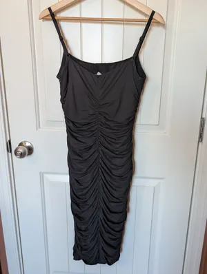NWT Popilush Ruched Bodycon Midi Slip Dress Small Black thumbnail 2
