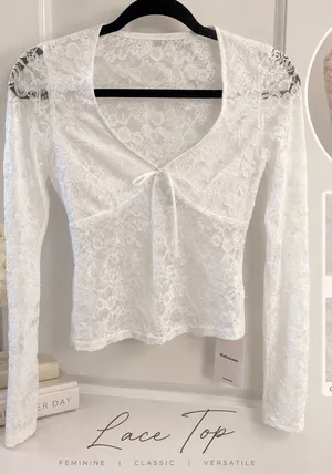 White Lace stretch Long-Sleeve Tie Front Top size small feminine NWT see pics thumbnail 1