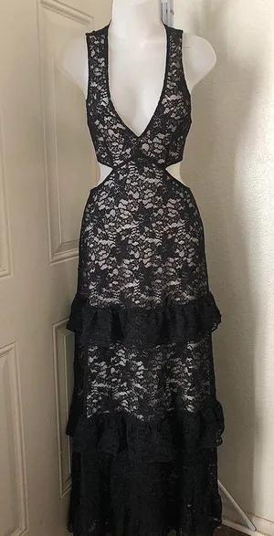 Black Whimsygoth gothic grunge lace cut out slim fit fitted maxi halter formal prom dress gown deep V neckline, open back, and tiered ruffle hem-S #goth #whimsygoth #fairycore #fairygrunge thumbnail 1