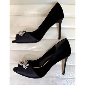 Nina Black Velour Jeweled Peep-Toe Heels Sz7 thumbnail 5