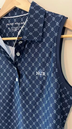 NWT Peter Millar Women’s Small Navy Blue Geometric Sleeveless Golf Polo NCR Logo thumbnail 4