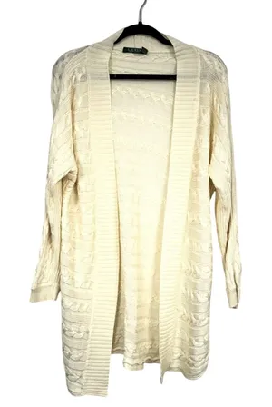 Lauren Ralph Lauren Cream Cable Knit Cardigan Sweater Womens M Duster Preppy thumbnail 1