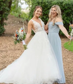 David's Bridal Dusty Blue Off the shoulders dress thumbnail 1