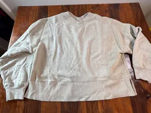 Aerie Womens Oversized V-Neck Sweatshirt Oatmeal Heather Grey Textured Large thumbnail 1