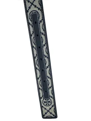 Tory Burch Black and Beige Logo Web Belt with Gold Medallion Buckle Size Small thumbnail 8