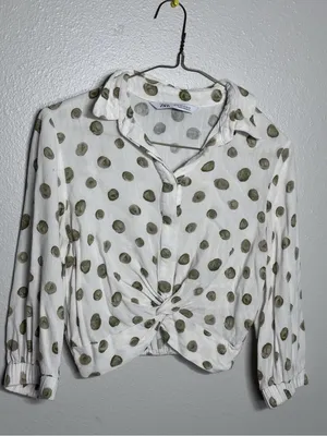 Zara Women 3/4 Sleeve White Dotted‎ Blouse Twisted Cropped Top size XS thumbnail 2