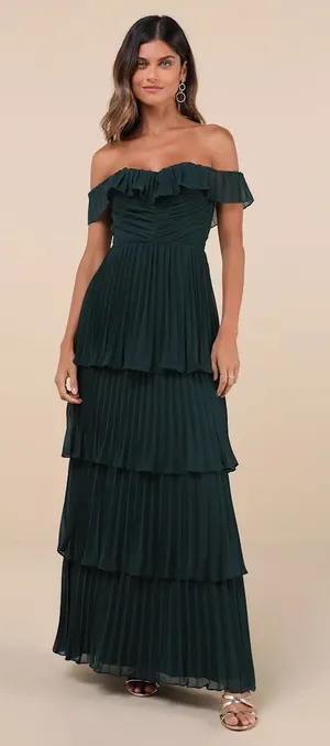 Lulus Always Remarkable Emerald Pleated Off-the-Shoulder Maxi Dress thumbnail 1