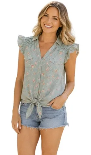 Rue21 Blue Floral Print Collared Top, S thumbnail 1