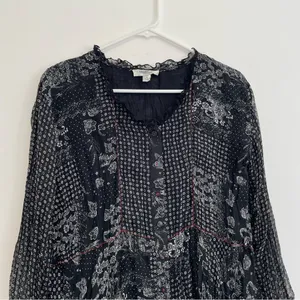 COLDWATER CREEK Black White Patchwork Floral Crinkle Button 3/4 Sleeve Blouse S thumbnail 3