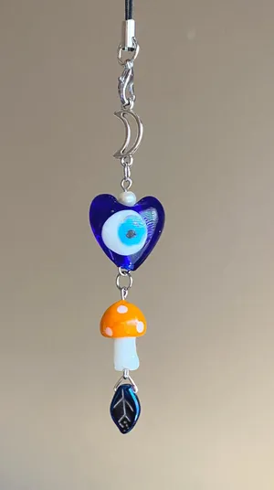 Handmade hippie boho fairy Evil Eye & mushroom phone strap/bag charm/keychain/display🍄🌙👁🍃🌀 thumbnail 3