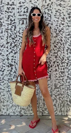 Zara crochet Red Button-Up Dress with Lace Trim thumbnail 1