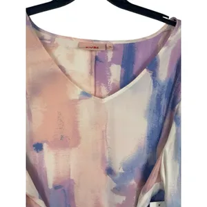 Evri Long Sleeve Semi Sheer Pink Blue Paint Look Tie Waist V-neck 3x Top NWT thumbnail 4