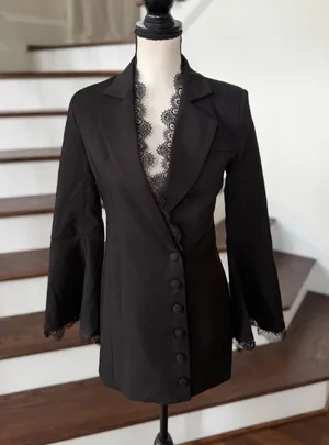 For Fay Black Lace Trim Bell Sleeve Blazer Mini Dress Whimsygoth Witchy Coquette thumbnail 1