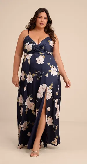 NWT Lulus Radiant Occasion Navy Blue Floral Satin A-Line Maxi Dress Resort Sz 3X thumbnail 1