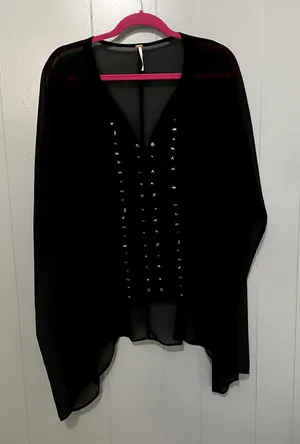Free People Black Studded Sheer V-neck Tasseled Oversized Boho Tunic Top M/L thumbnail 1