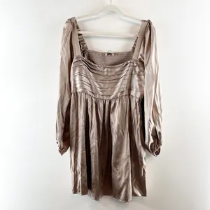 Abercrombie Emerson Long Balloon Puff Sleeve Satin Mini Babydoll Dress Gold XL P thumbnail 2