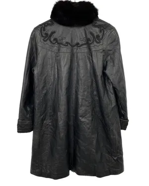 Vintage Leather Penny Lane Style Long Coat Black Real Fur Trim Womens Small thumbnail 3