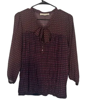 Ann Taylor LOFT Black & Brown Paisley V-Neck Long Sleeve Blouse Women Sz M thumbnail 1