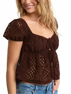 AE Lace Tie-Front Puff Sleeve Tee American Eagle NWT Chocolate Small thumbnail 1