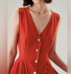 Rihoas Red V-neck Button Sleeveless Midi Dress thumbnail 3