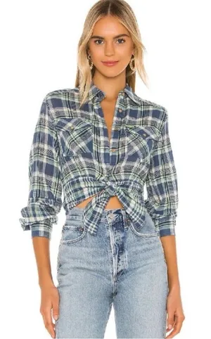 Free People We The Free First Bloom Plaid Tie Front Crop Shirt Blue Size Large thumbnail 1
