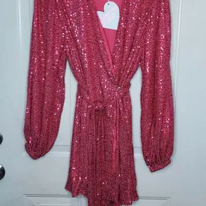 NWT Body Love Hot Pink Sequin Wrap Long Sleeve Party Dress LG holiday bling midi thumbnail 2