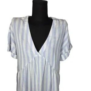 Cupio Babydoll Dress Linen Blend Blue White Stripe Medium Coastal Cottagecore thumbnail 3