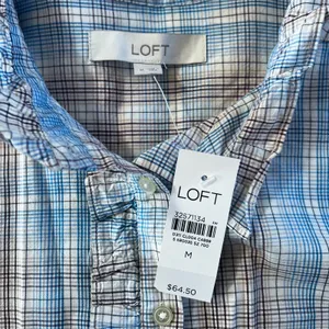 Ann Taylor NWT LOFT Blue Plaid Ruffle Button Down Blouse | Women’s Medium thumbnail 3
