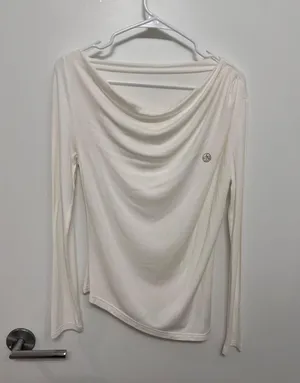 White Draped Neck Long Sleeve Top Size L thumbnail 1